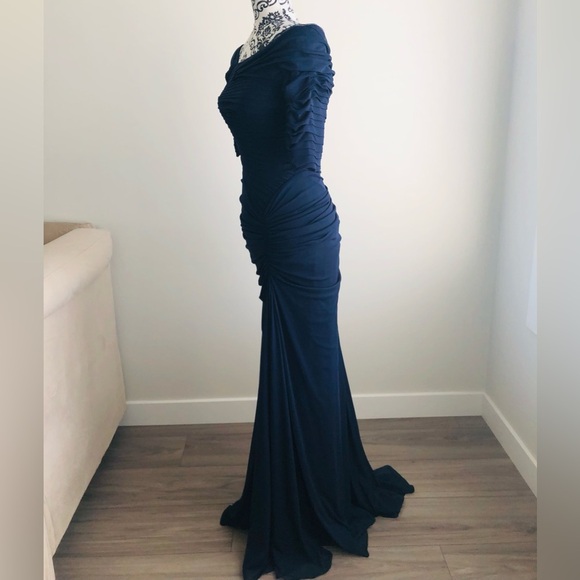 Tadashi Shoji Asymmetric Ruched Sleeve Gown Dress with Train Navy Blue XS S - Picture 4 of 13